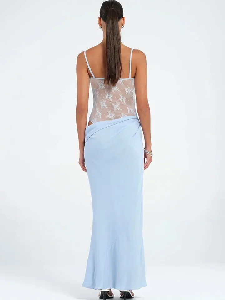 Hollow Sexy Dress Women Y2K Chic Vacation Patchwork Jacquard Mesh Irregular Summer Midnight Party Clubwear Bodycon