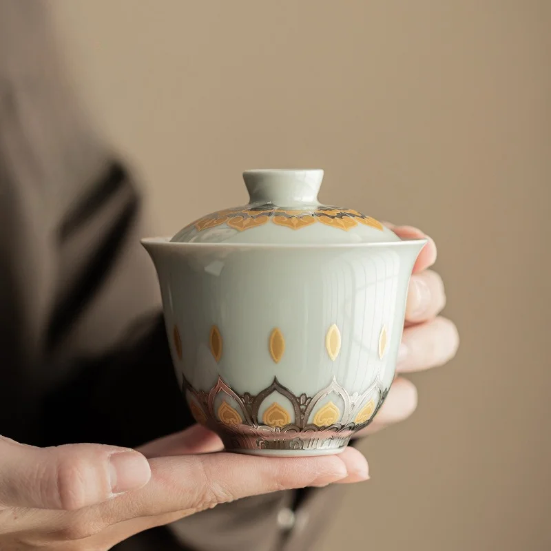 Cultural‑creation Ceramic Gaiwan Dunhuang Ten‑Thousand‑Buddha Pattern Plant‑ash Lidded Tea Bowl Kung‑fu Tea Set Gift Box Gift