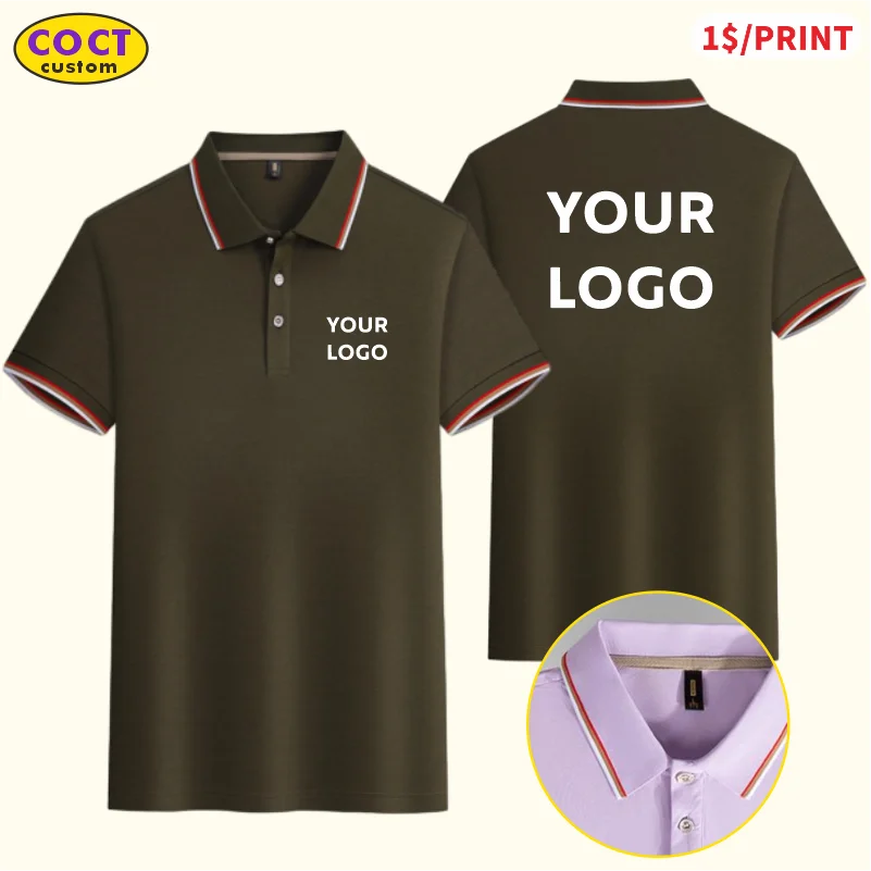 COCT New Summer Causal Striped Collar Polo Shirt Custom Logo Printed Text Picture Brand Embroidery Personal Design Breathable