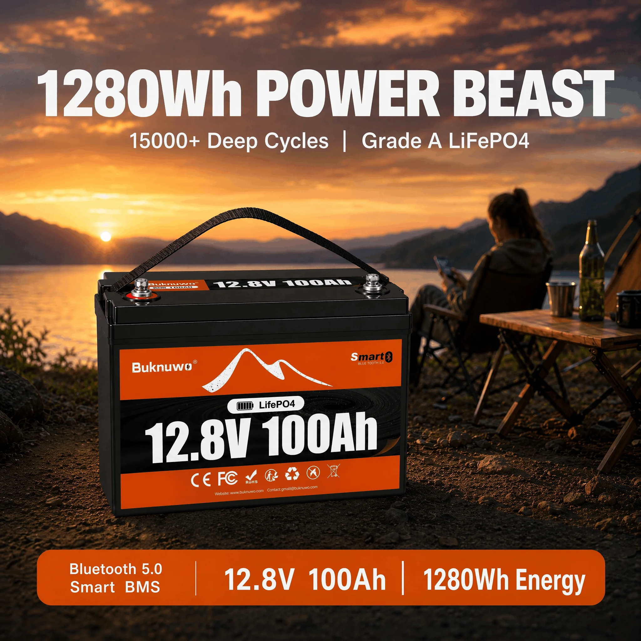BUKNUWO 12V/12.8V LiFePO4 Lithium Battery With Bluetooth Built-in 100A BMS 1280Wh Deep Cycle Lithium Battery For RV Solar Marine Off-Grid