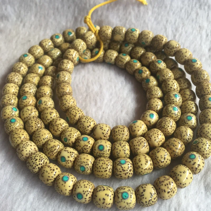 Natural golden yellow star moon Bodhi seed 108-bead Buddhist bracelet, inlaid with silver tubes and multi-gemstone green tu
