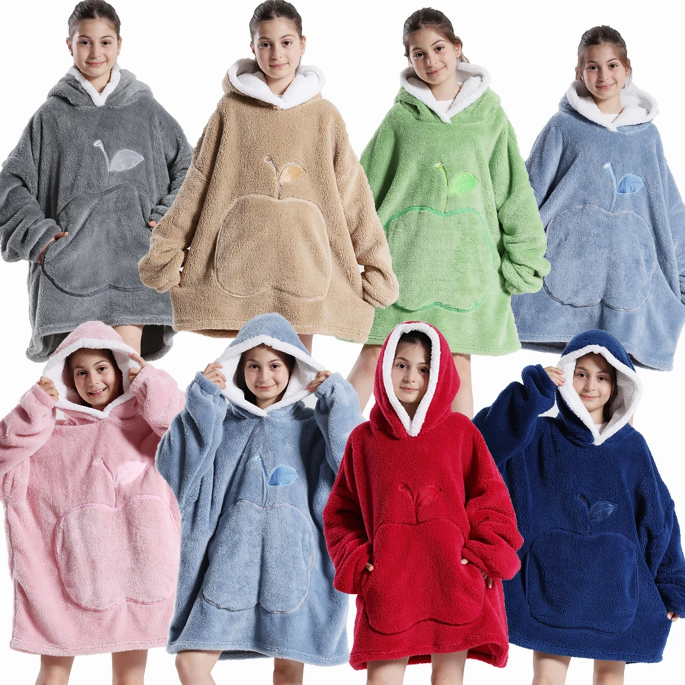 Winter Warm Clothes for Girl 4-16 Years Teenage Hooded Flannel Sweatshirts Boys Kids Wearbale Blankets Pink Blue Grey Clothing