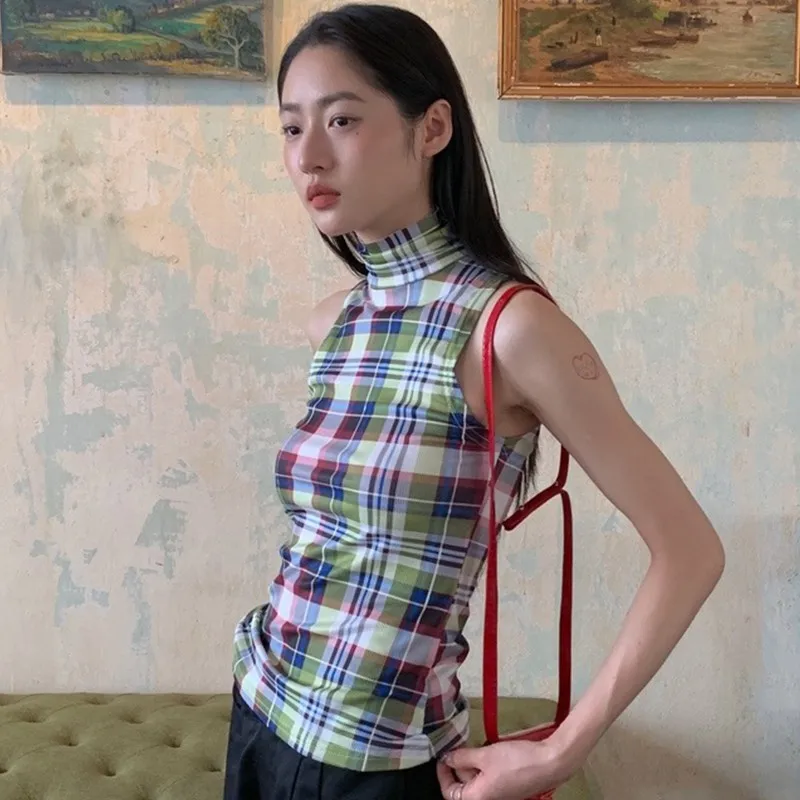 Genayooa Summer Vintage Tank Tops Women Plaid Sleeveless Crop Tops Y2k Retro Tank Tops Streetwear 2000s Japanese Tee Tops E-girl