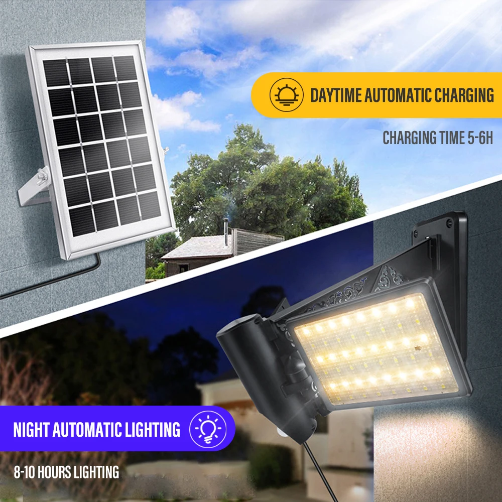 Outdoor Solar Light Split Type with Motion Sensor 96LED Wall Light 3 Modes IP65 Waterproof for Courtyard Garage Street Light