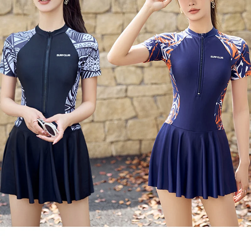 NewSummer Casual Short Sleeve One-Piece Dress Swimsuit Woman Patchwork High Waist Beachwear Zipper Sports Fashion Tight Swimwear