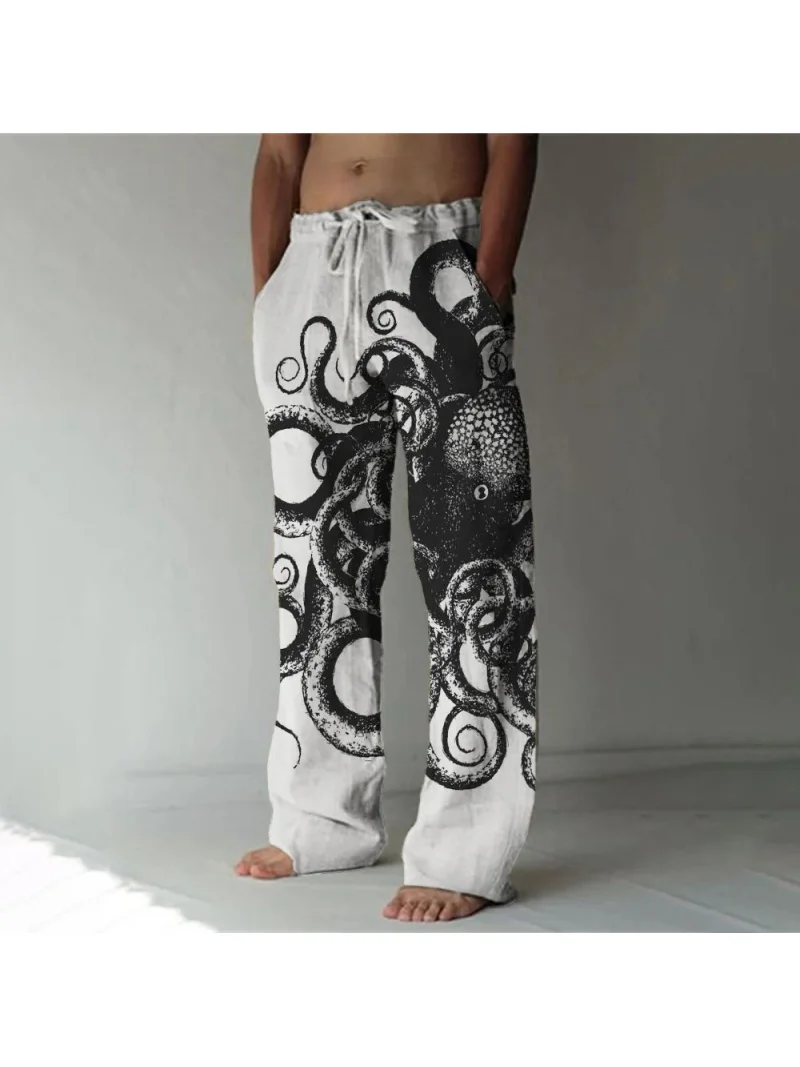 Red maple leaf 3D printed pocket pants for street wear, wide leg casual loose pants for men, straight leg pants