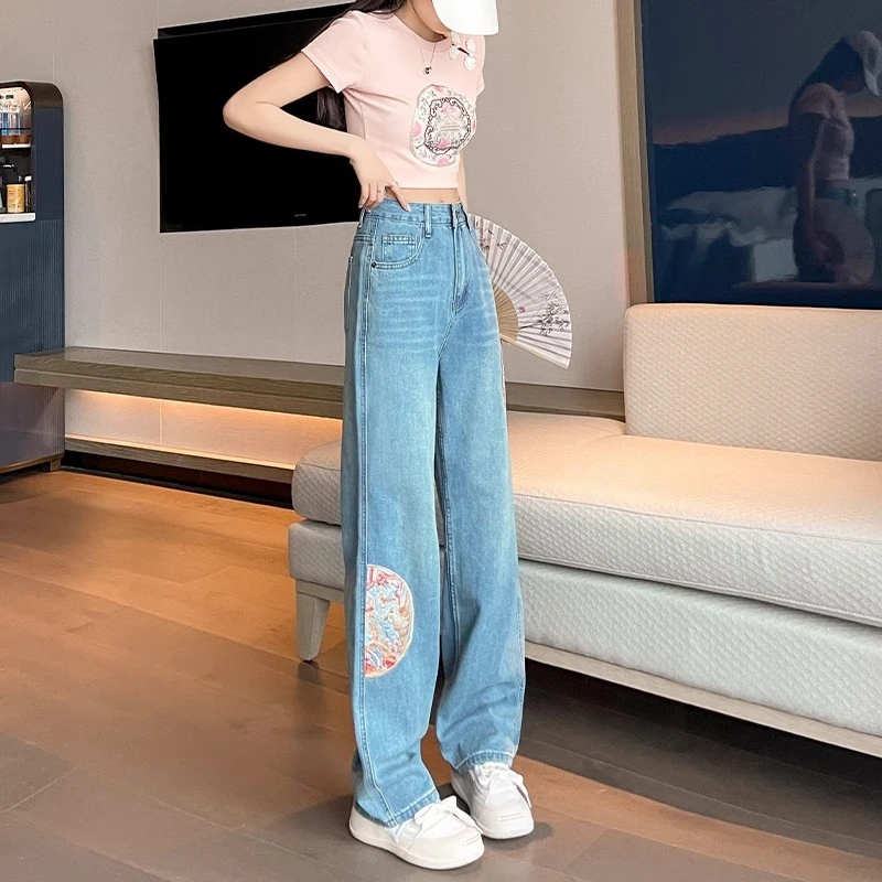 New Chinese national style embroidery wide-legged jeans female new high-waisted loose thin narrow version of straight pants tide