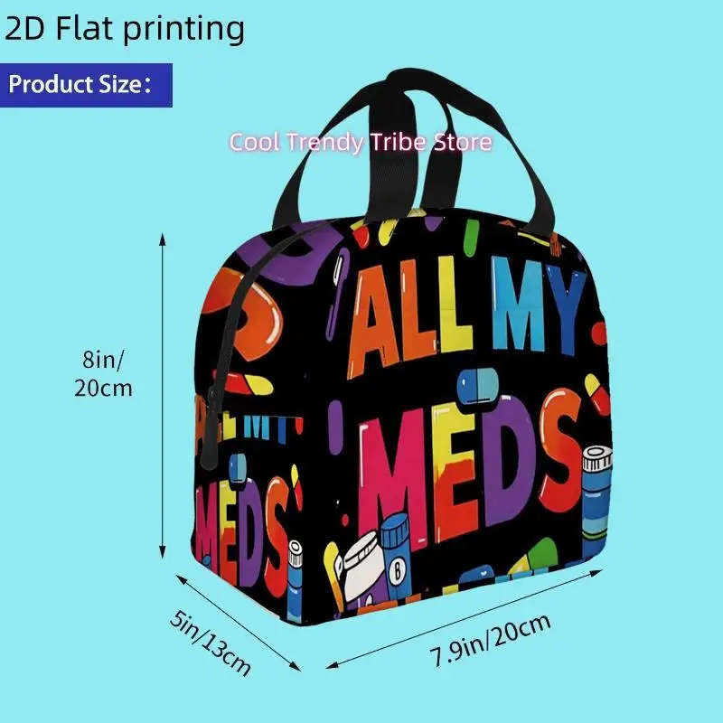 1pc Vibrant Poster with Colorful Pills and 'All My Meds' Text | Printed Insulated Cooler Bag - Reusable Portable Hot Cold Bag fo
