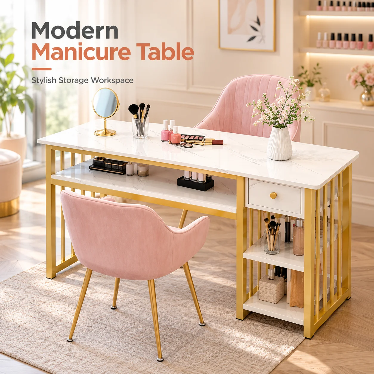 AOLIVIYA Manicure Table Nail Desk With Storage White Marble Look Gold Frame Nail Technician Workstation For Beauty Salon