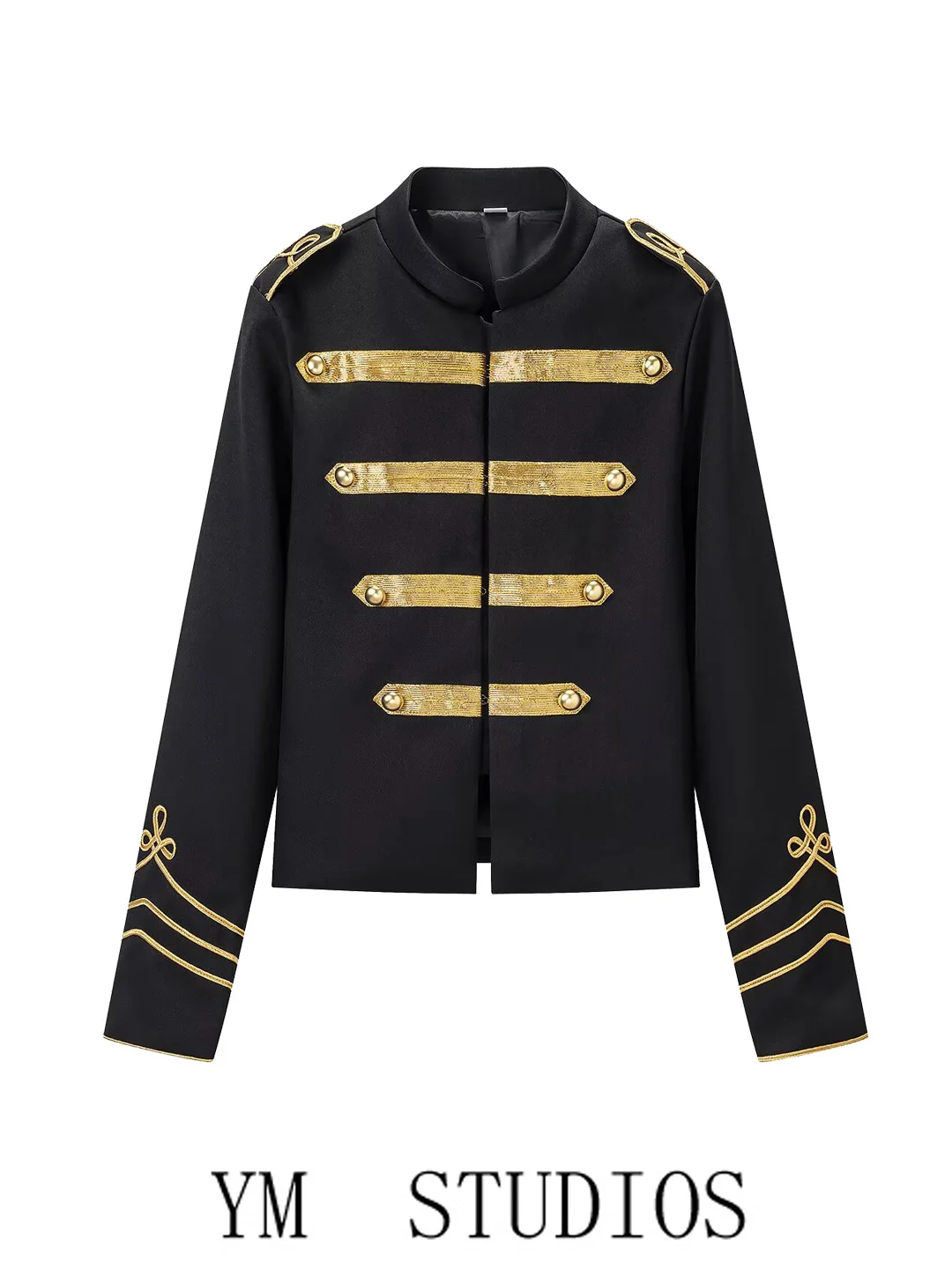 Women's Black Stand Collar Short Jacket Gold Thread Belt Button Slim Fit Versatile Autumn Outerwear Polyester Fiber Long Sleeve