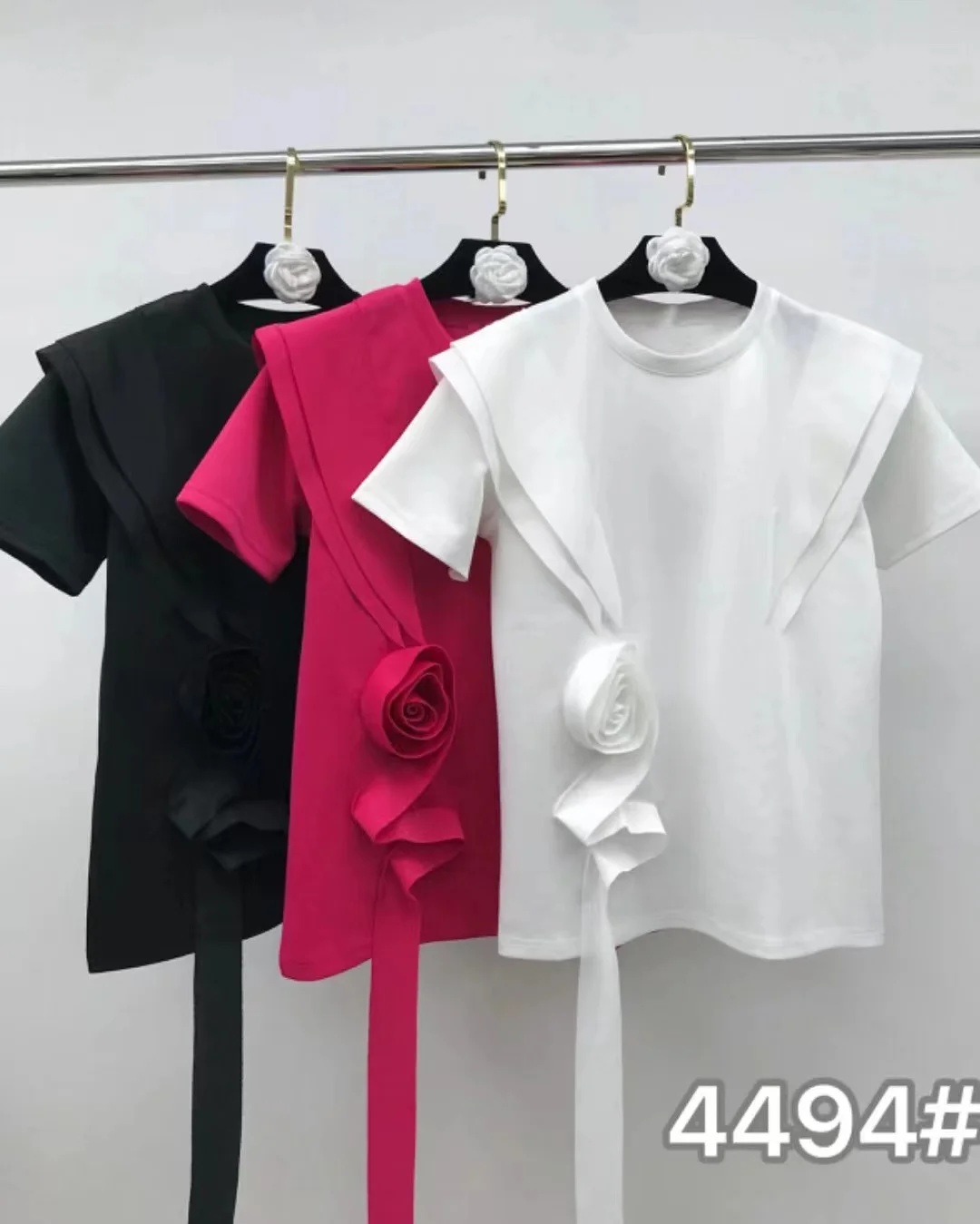 New In 2024 Summer Spring Fashion Cotton T-shirt Elegant O Neck Short Sleeve Patchwork 3D Flower Tassel Tops Tees T Shirt