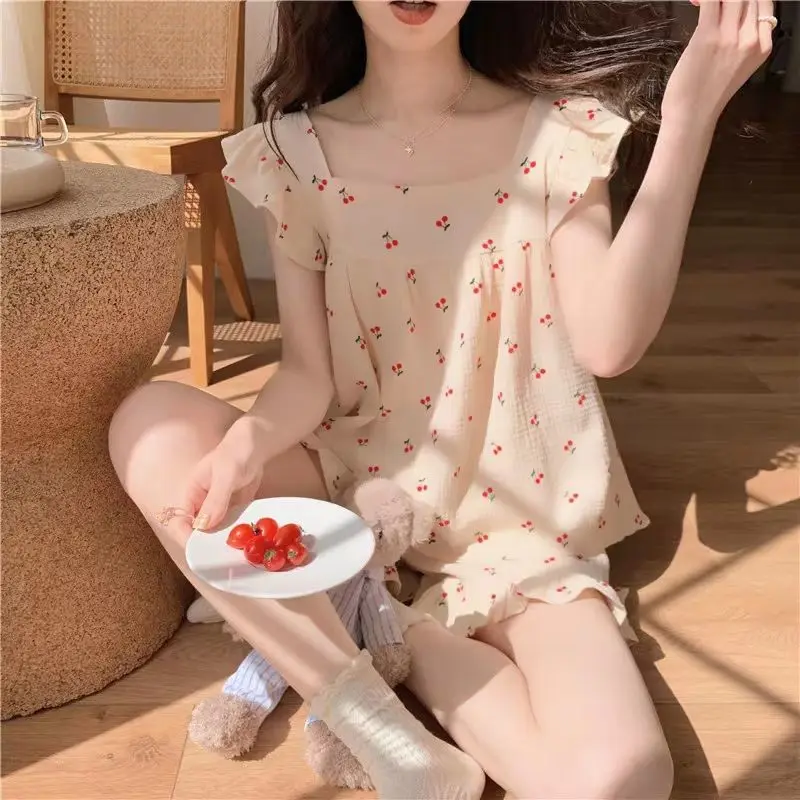 Pajama Sets Women Square Collar Comfortable Summer Schoolgirl Fashion Print Lovely Sweet Style Basic Nightwear Daily Lounge Chic