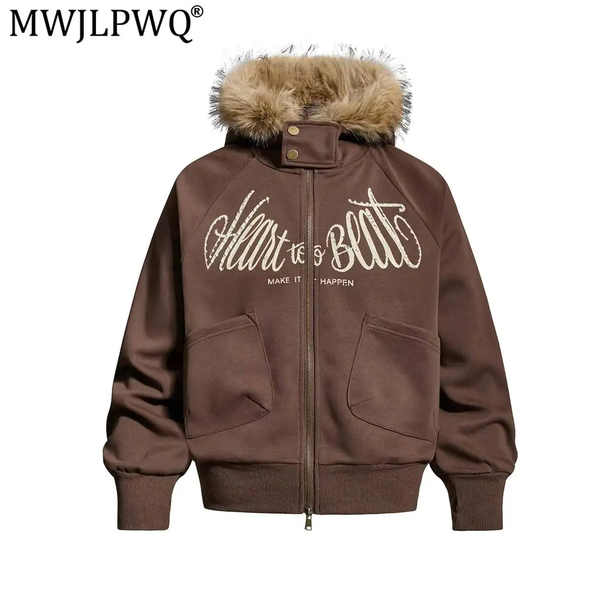 MWJLPWQ Men's Fur Collar Letter Hoodie New Autumn Winter American Street Design Loose-Fitting Zip-Up Hooded Sweatershirts 20298