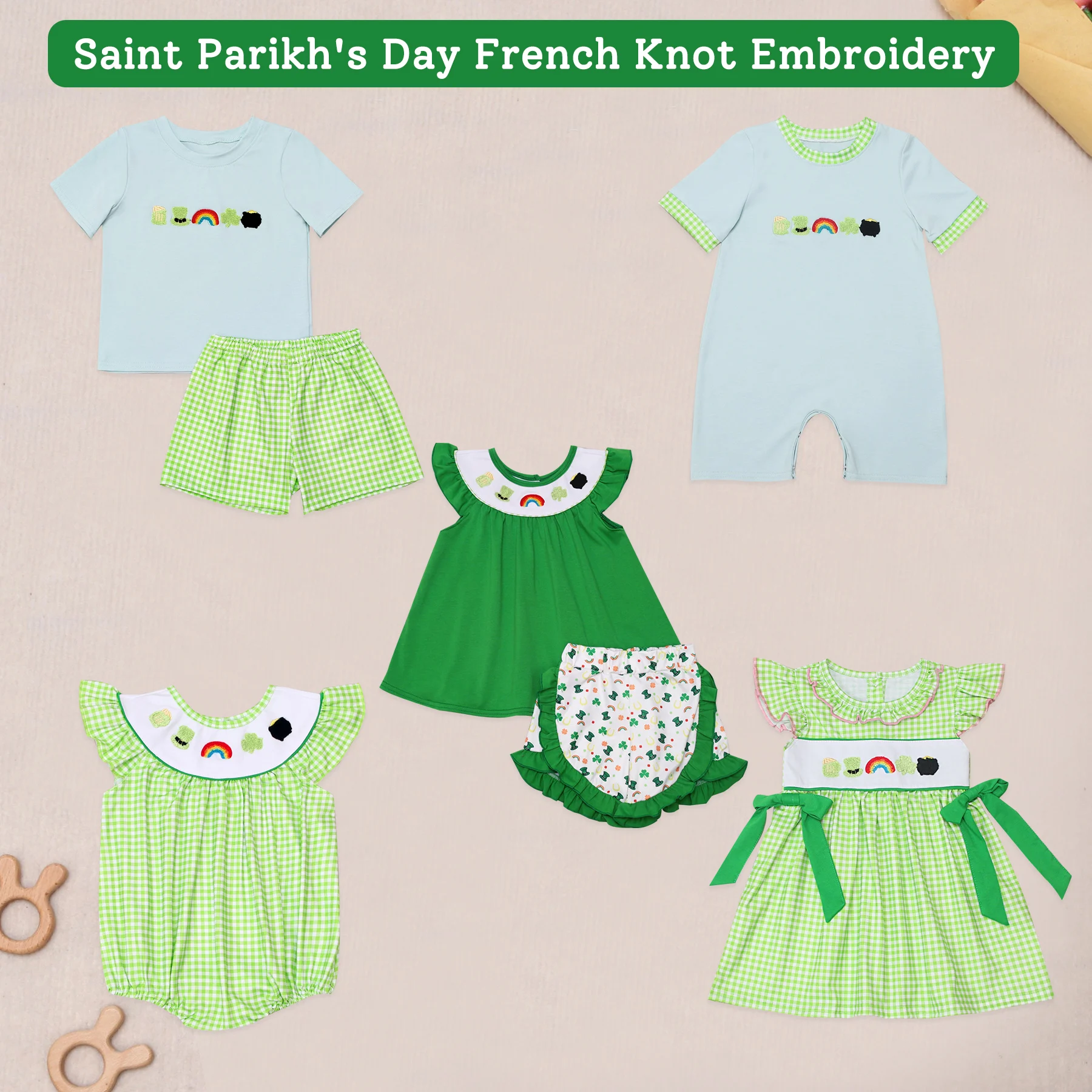 

St. Patrick's Day French Knot Short Sleeve T-shirt Round Neck Dress Girls Green Bubble Boy Blue Top Clothes And Lattice Pants