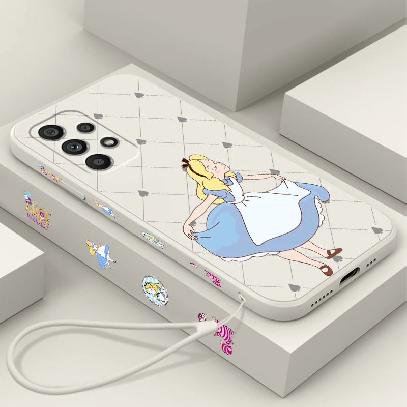 

Alice Disney Fashion Cartoon Liquid Left Rope For Samsung A53 A52 A33 A32 A51 A71 A21S A13 A73 A55 A72 A23 A35 A05 5G Funda