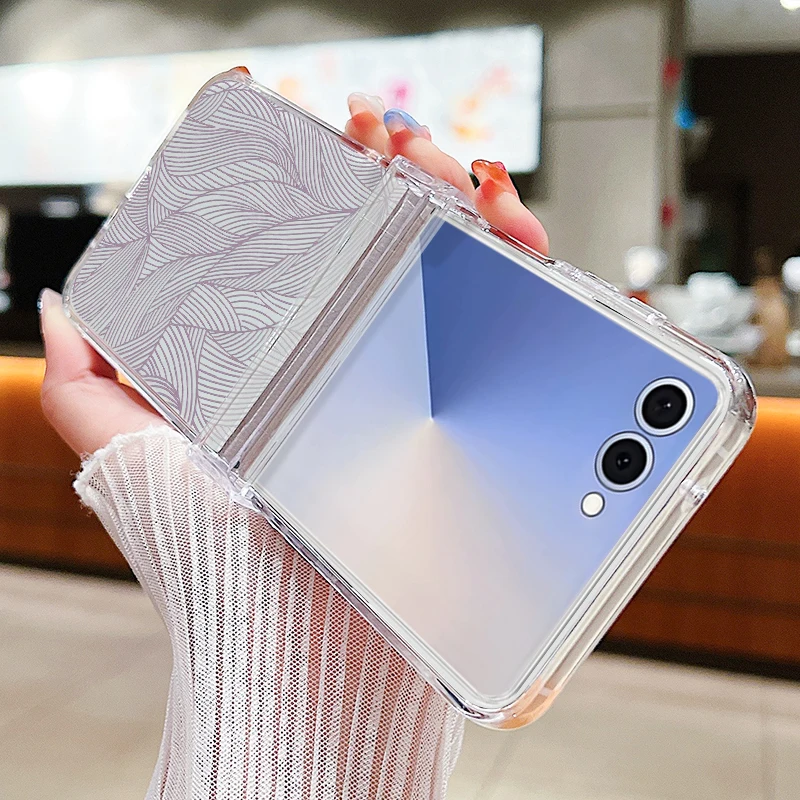 Custodia per telefono pieghevole con motivo a trama a foglia per Samsung Galaxy Z Flip 7 6 5 4 3 Cover rigida trasparente antiurto per Samsung Z Flip5
