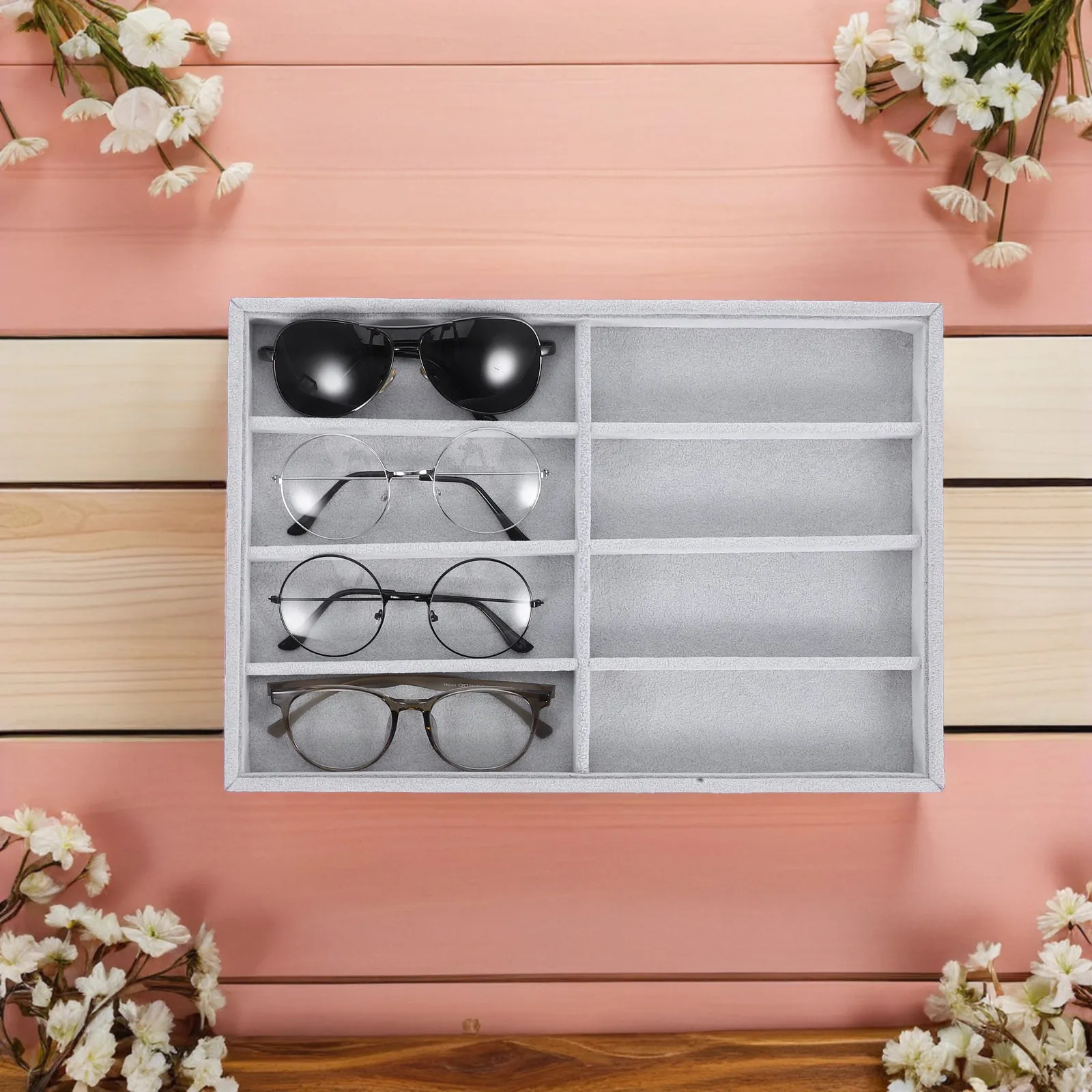 

Jewelry and Sunglasses Organizer Tray 8 Compartment Elegant Design for Rings Bracelets Necklaces Sunglasses Portable Display
