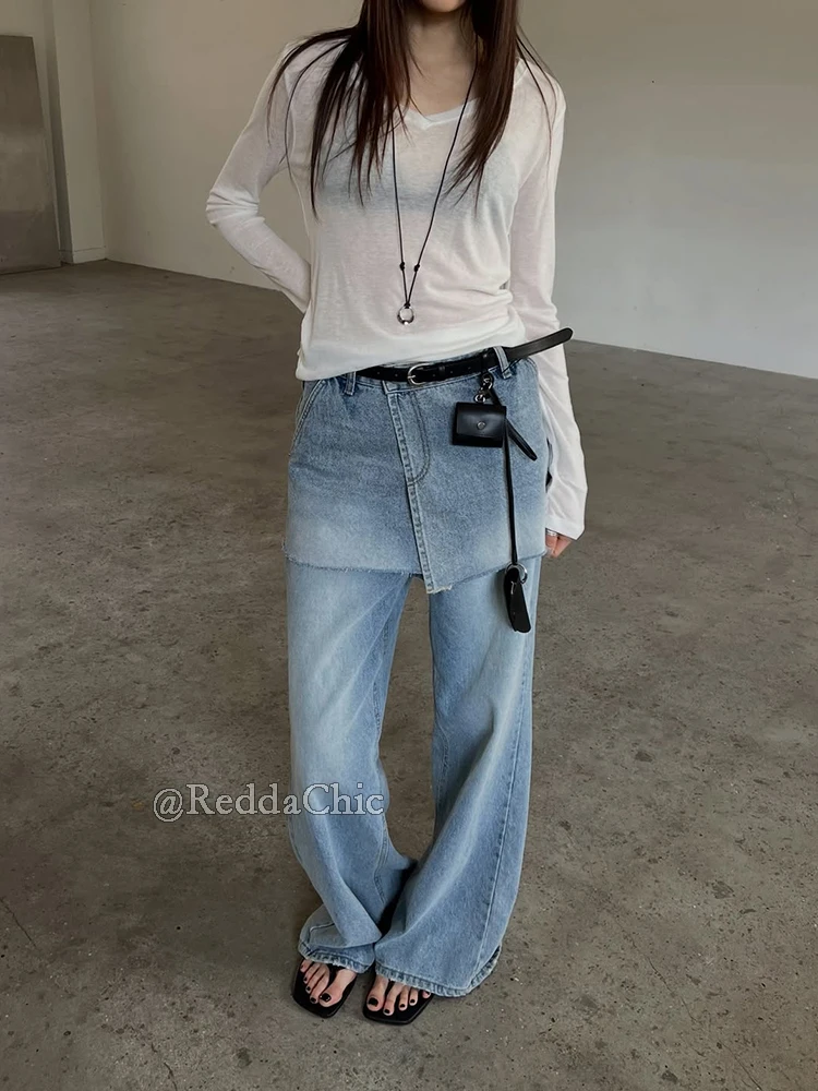 REDDACHiC Skirt Layered Women Jeans Vintage New In Distressed Stitch Raw Hem Casual Wide Leg Denim Pants Trendy Korea Streetwear