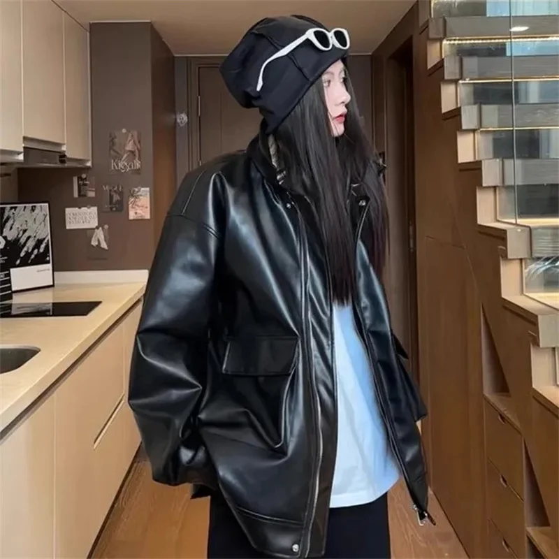 

Autumn Female Trend Leather Coat Retro Ladies Fashion Faux Leather Outwear Women High-grade Locomotive PU Leather Jacket