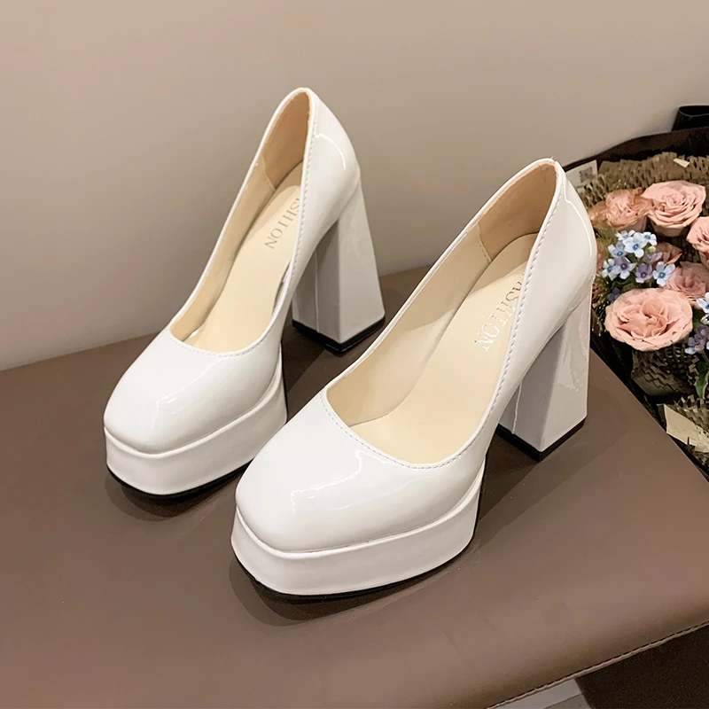 Aphixta Hot Sale Square Heels 10cm Chunky Heels Platform Pumps Double Color Blocking Women Party Dance Pumps