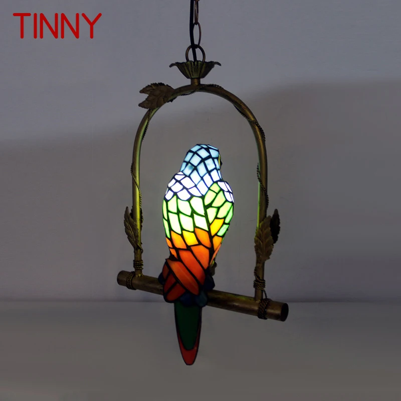 TINNY Tiffany Parrot Pendant Lamp LED Vintage Creative Glass Hanging Light for Home Decor Balcony Study Aisle Chandelier