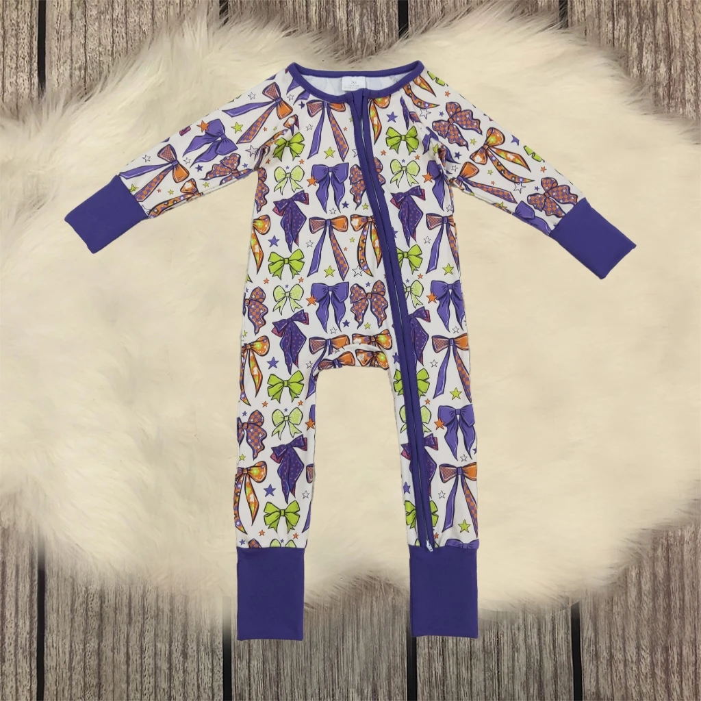 

Children Newborn Bows Romper Girl Infant Long Sleeves Baby Kids Toddler Girls Purple Zipper Halloween Fall Jumpsuit Wholesale