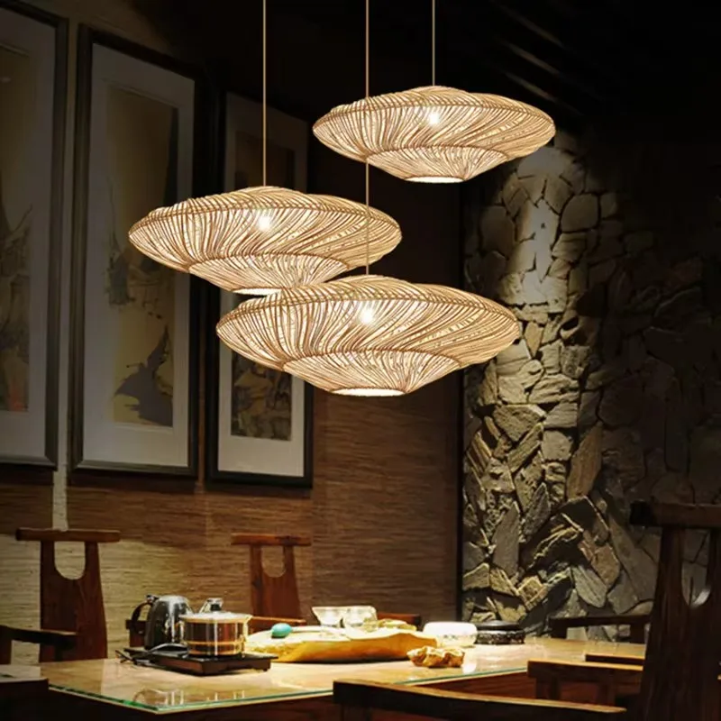 

New Chinese Style Pendant Lights UFO Shades Rattan Lamp Suspension Luminaire Dining Room Restaurant Light Fixtures Hanging Lamp