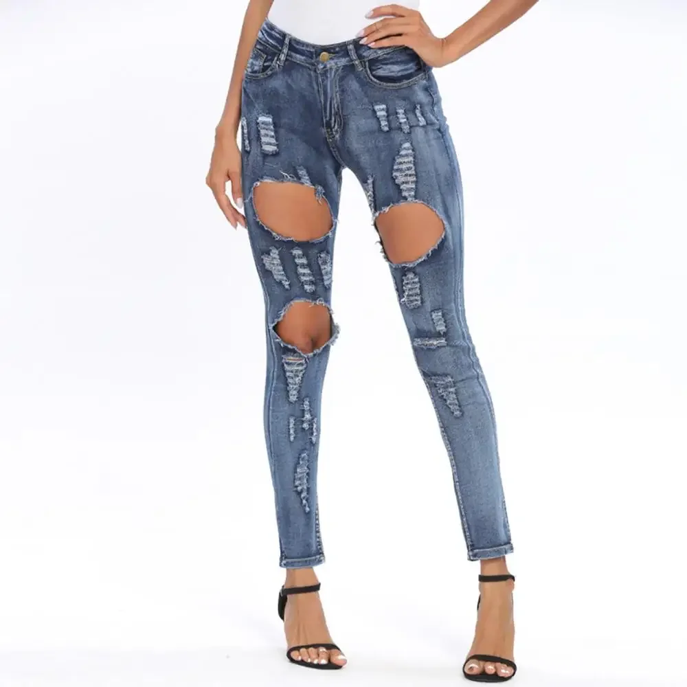 

Fashion Bleached Ripped Jeans Women Spring Cotton Denim Slim Elasticity Skinny Pants Moustache Effect Vintage Jeans