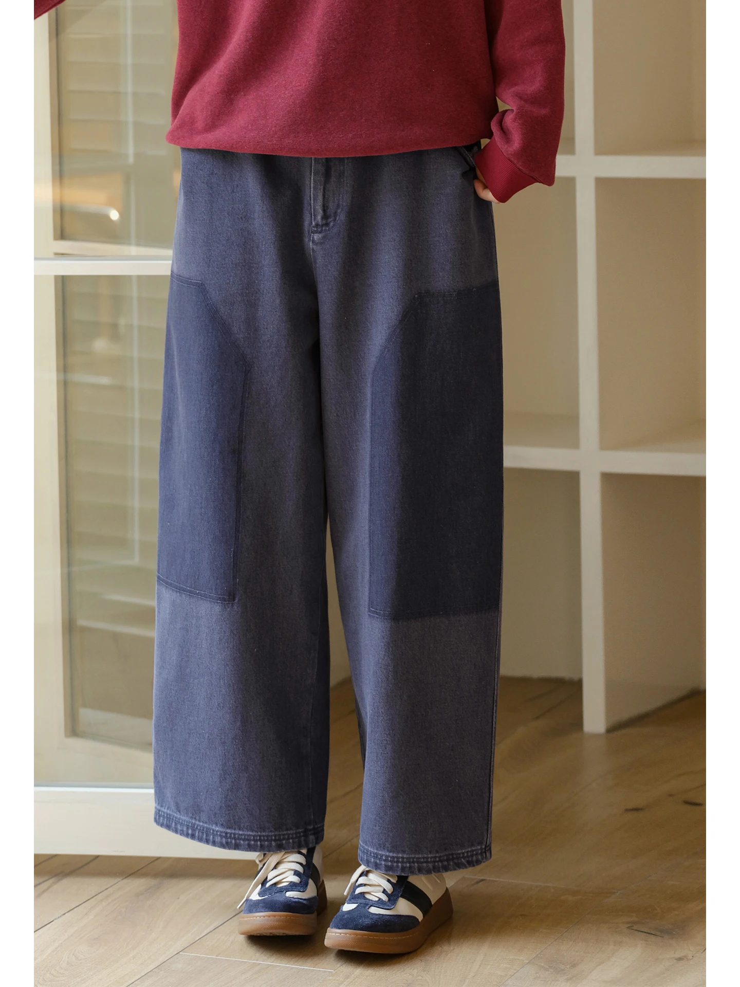 

Eco-Friendly Cotton Fce Thiened Wide Leg Casual Jeans Color Blo Women's Pants Comfortable l Waist Denim Trousers