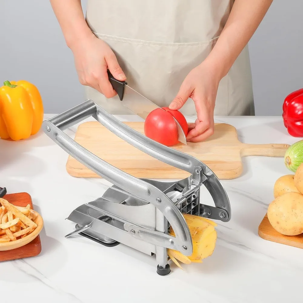 Professional Stainless Steel French Fry Cutter with 2 Blades Heavy Duty Potato Slicer for Fries Vegetables Carrots & Cucumbers