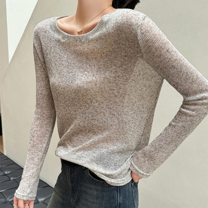 Spring Mesh Lazy Outer Wear Loose O-Neck T-shirt Women Long Sleeved Thin Summer Knit Pullover Casual Comfortable Sunscreen Shirt