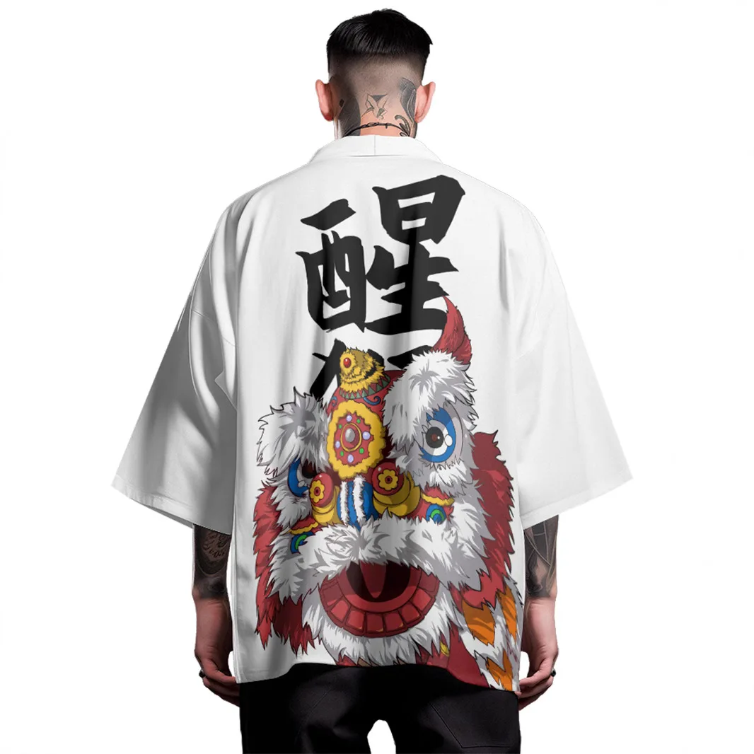 

Anime Lion Dance Print White Cardigan Haori Fashion Casual Women Beach Japanese Kimono Streetwear Men Traditional Tops Plus Size