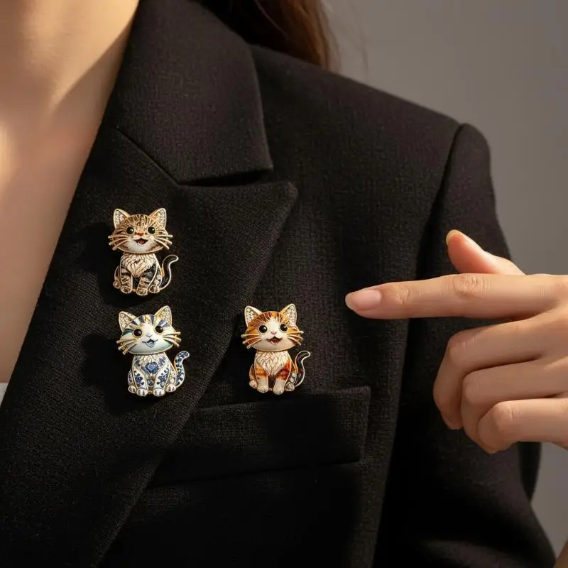 Cute Sitting Cat Brooches For Women Unisex Rhinestone Lovely Kitty Animal Party Casual Brooch Pin Gifts