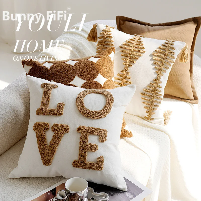 

Jacquard Embroidered Tufted Cushion Covers Geometric Stripe Boho Luxury Decorative Throw Pillow Cases For Living Room Sofa Decor