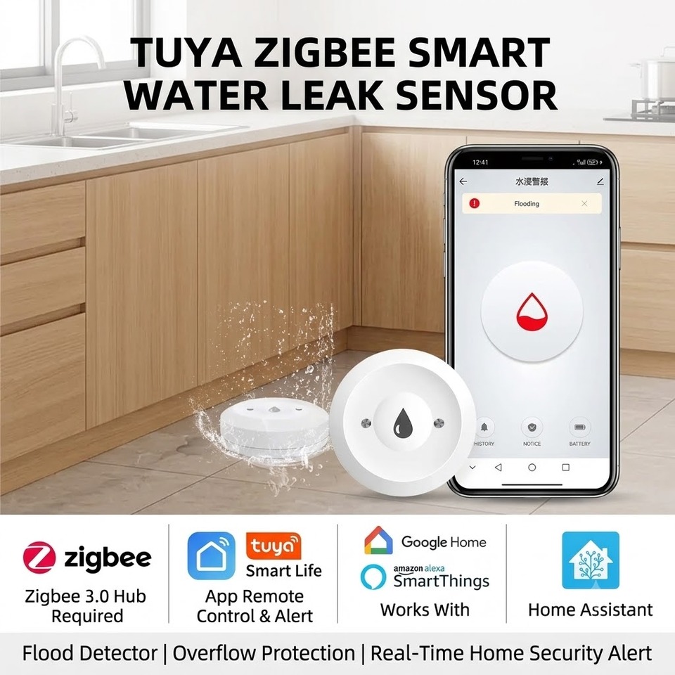  Zigbee Smart Water Leak Sensor Flood Detector Works with Tuya Smart Life,Water Leakage Overflow Alarm Remote Alert Home Security 