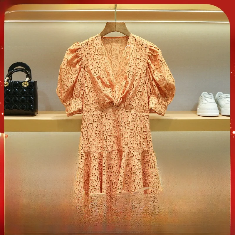 

M Home Women's Spring 2023 V-ne Embroidered Hollow out Waist-cinching Pleated Dr High Waist Flared Sve Basic Sle