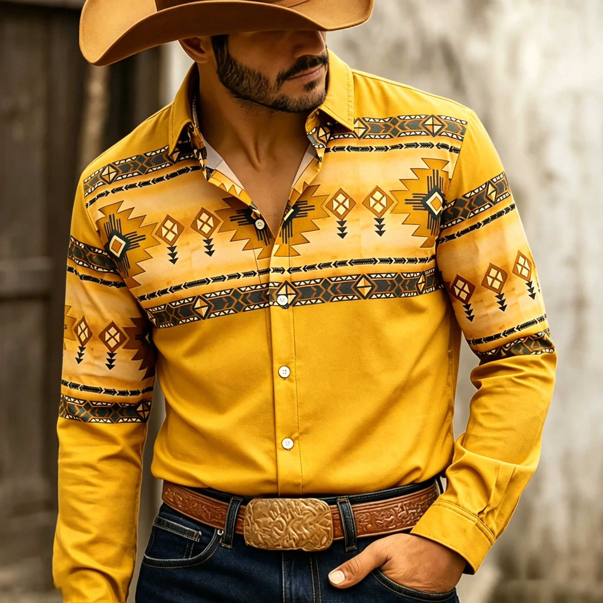 Retro Western Style Men's Long Sleeve Navajo Diamond-Shaped Tribal Print Outdoor Travel Loose Top