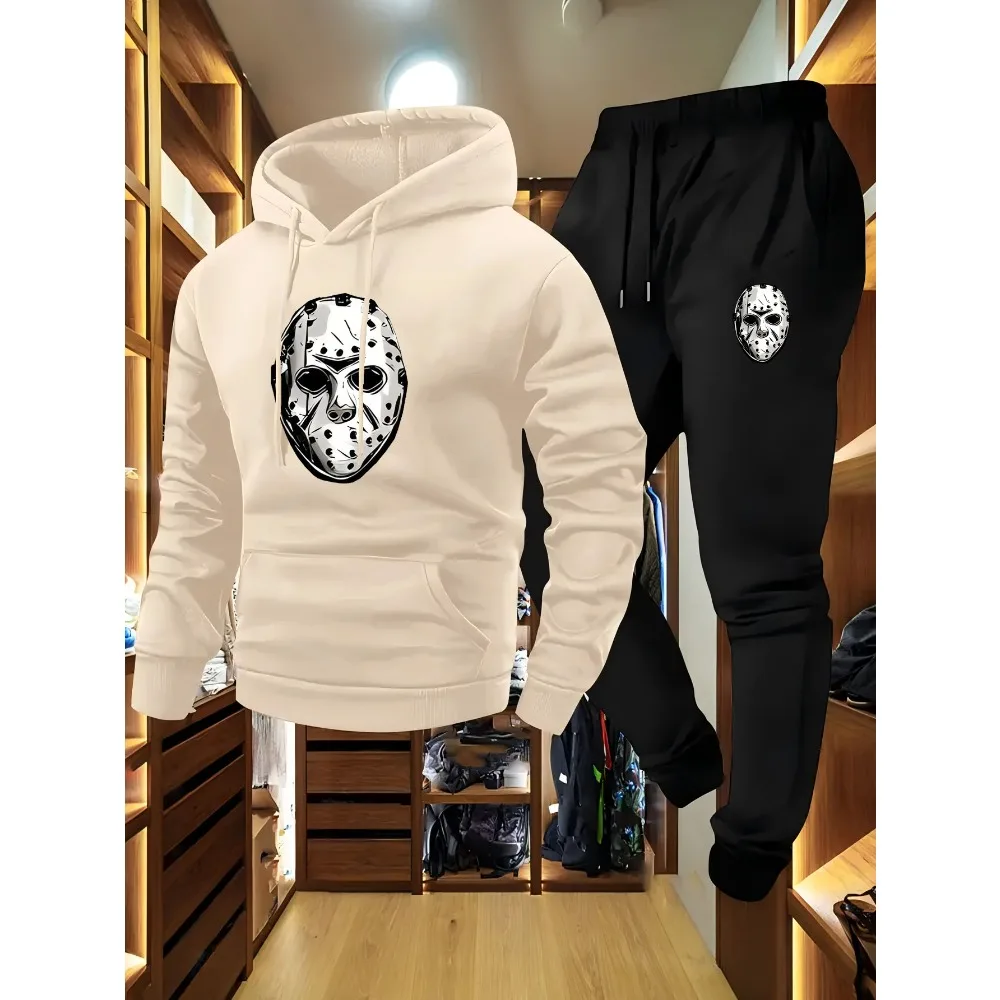 طقم هوديي كاجوال للرجال بطباعة قناع وسروال مطاطي، مناسب للأنشطة الخارجية للخريف/الشتاء