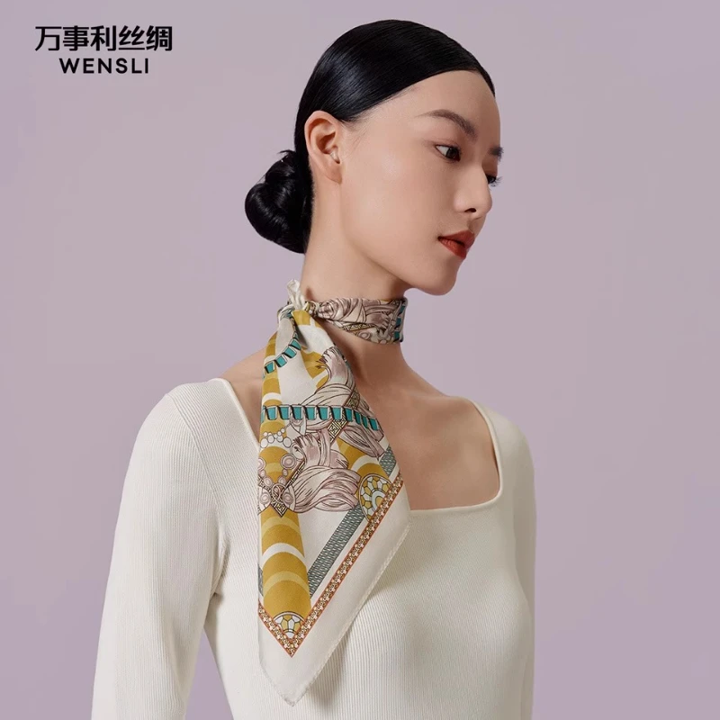 Wensli Birthday Gift 100% Mulberry Silk Silk Scarf Holiday Gift Printed Rolled Edge Small Square Scarf