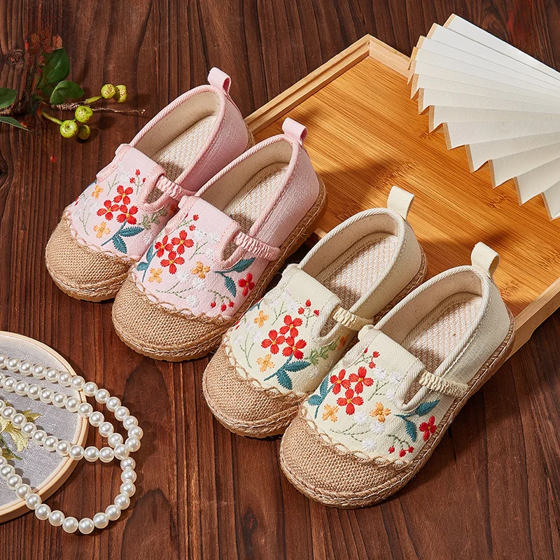 Kids Flats Handmade Embroidery Girl Princess Shoes Vintage Chinese Style Children Causal Hanfu Performance Loafers Breathable