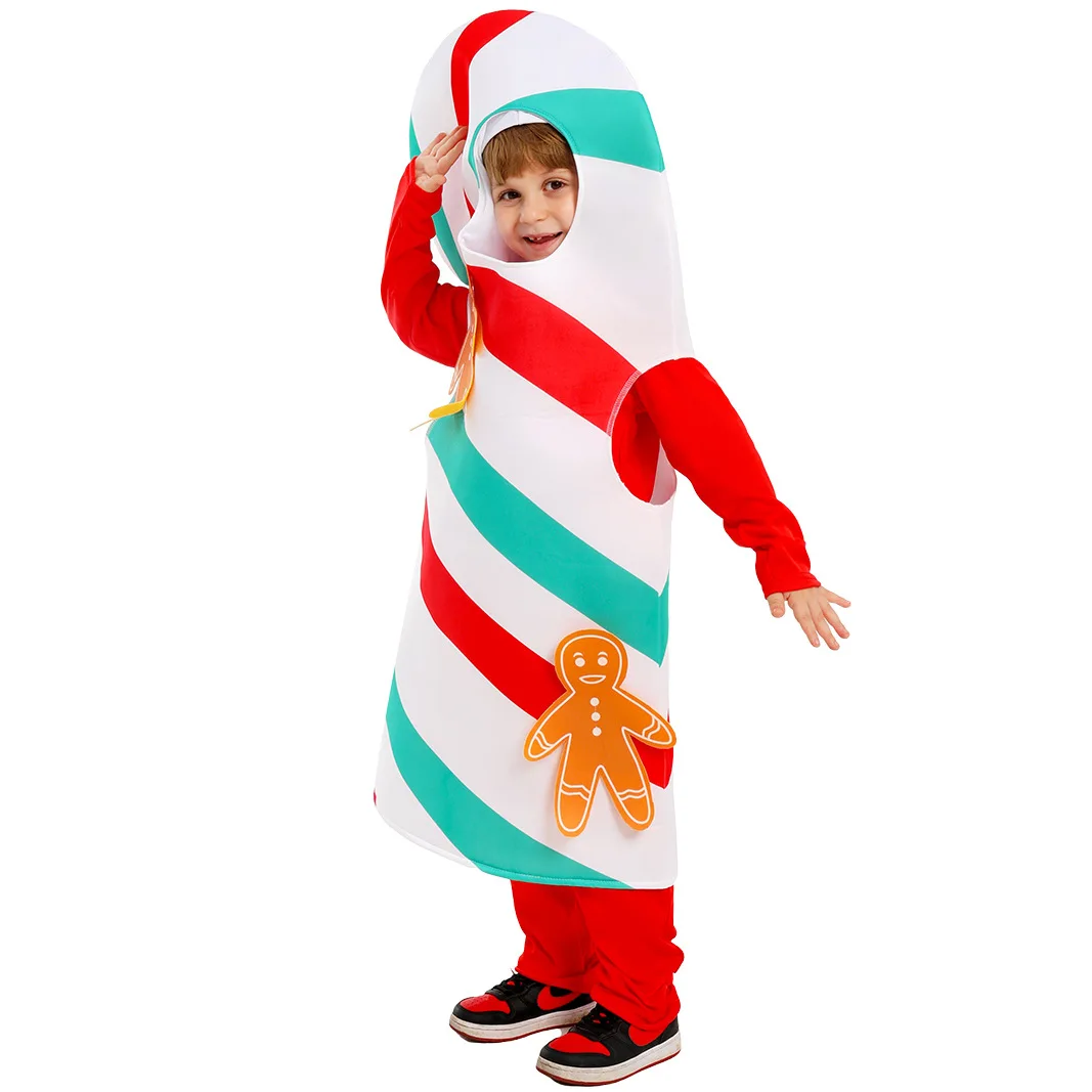 Kids Boys Girls Christmas Costume Cartoon Candy Cane Overalls Jumpsuit Cosplay Kindergarten Holiday Party Performance Clothes