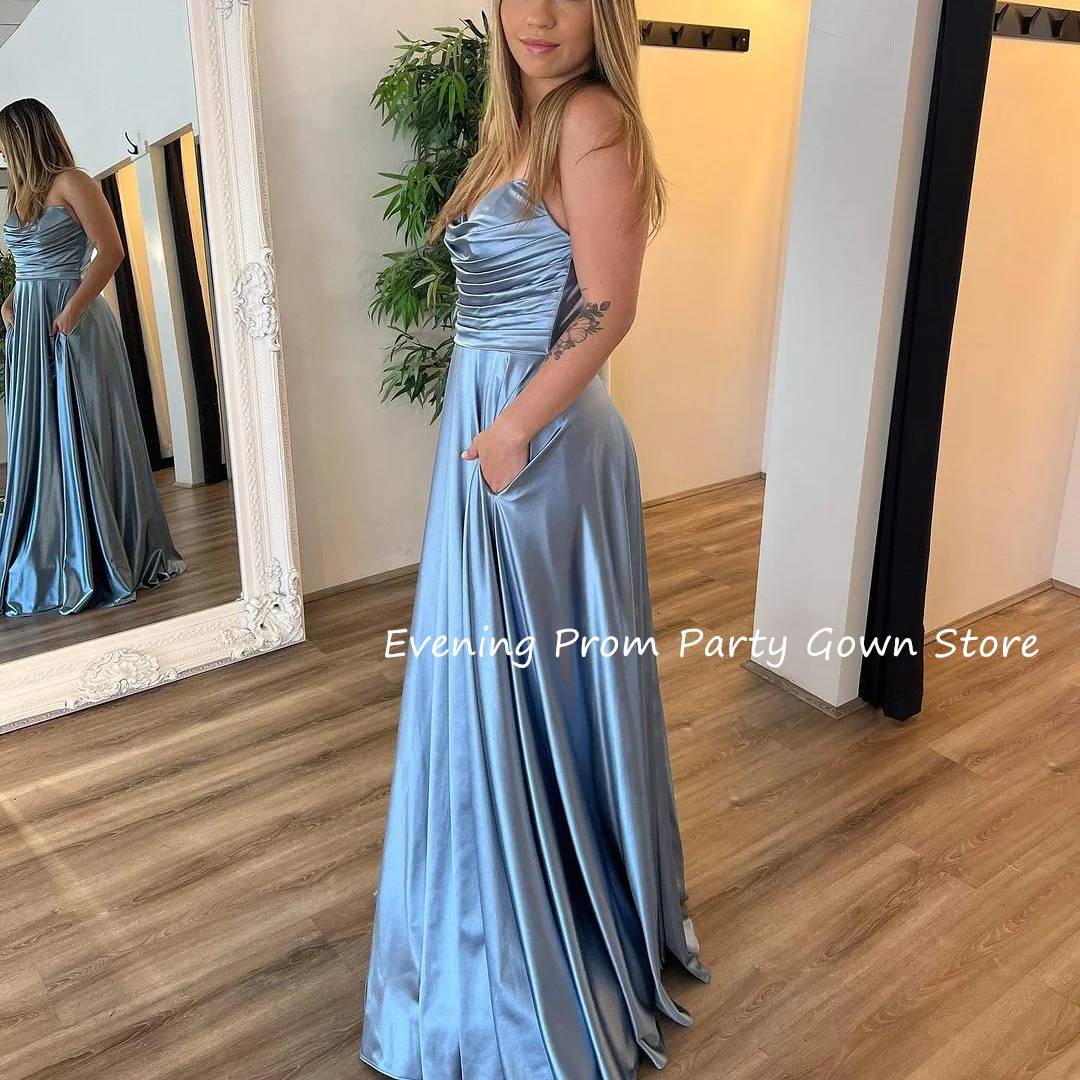 

Evening Dresses with Pockets Dusty Blue Satin Homecoming Prom Dress vestidos de fiestas elegantes mujer vestidos de noche