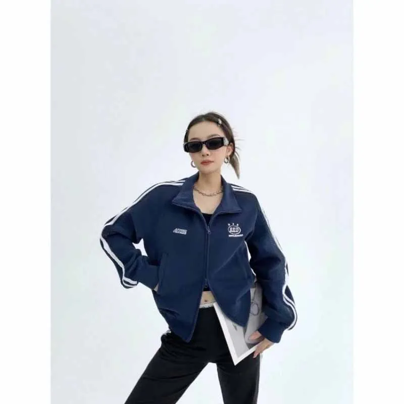 Stripe Cropped Jacket Women Y2k Zip Up Retro Track Outwear Korean Style Streetwear Gorpcore Stand Collar Jackets Female New