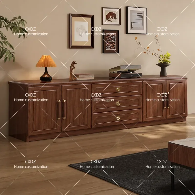 Black Walnut Solid Wood TV Cabinet 2m Modern Simple Floor Standing Media Console Storage Unit for Living Room Wall Mounted