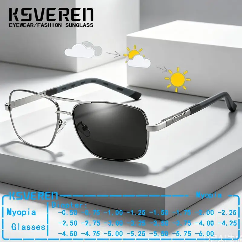 Óculos de Grau Fotocromáticos Clássicos de Metal para Miopia, Unissex, Modernos, com Lentes que Mudam de Cor ao Sol, Dioptria Negativa, Prontos para Uso