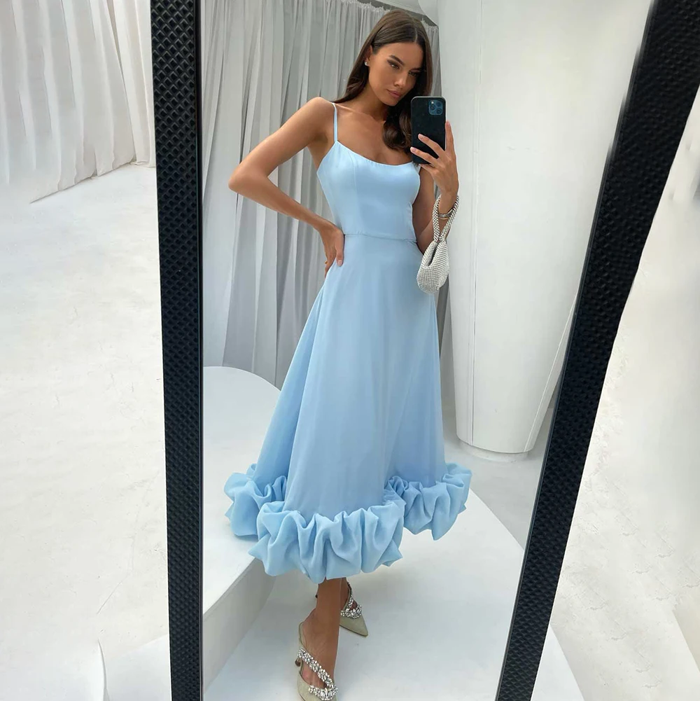 

Custom Made Midi Length Satin Simple Ruffled Prom Gowns Celebrity A Line Spaghetti Straps Low Cut Holidays Solid Evening Dress