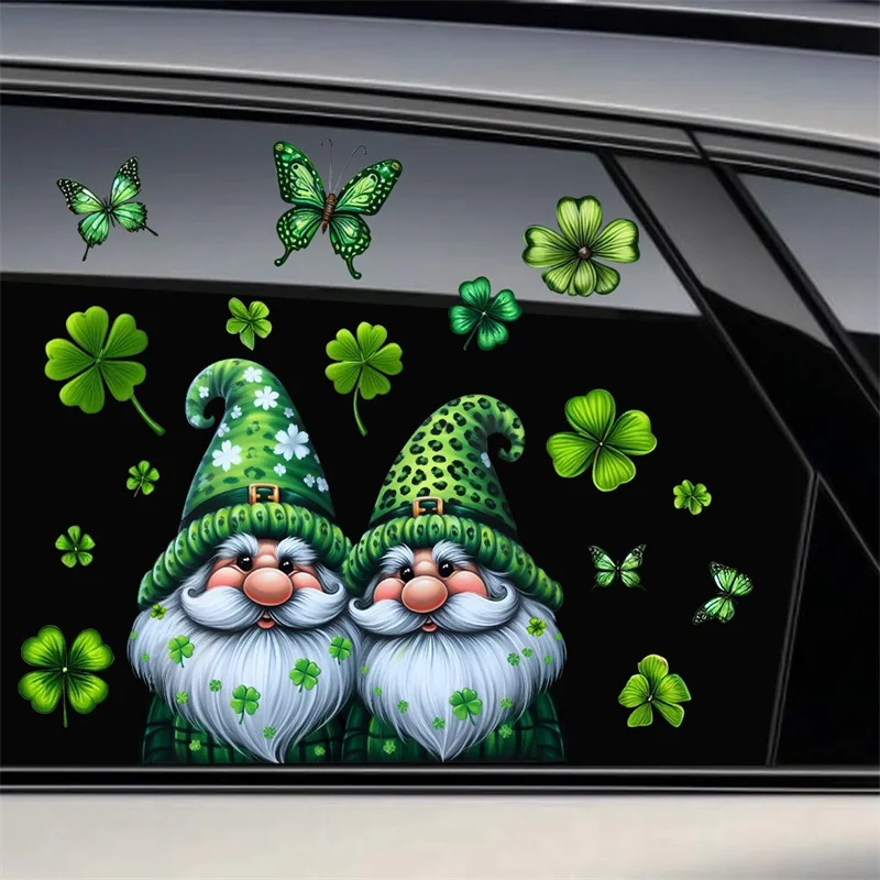 Spring Irish Window Clings Cute Gnome Four Leaf Clover Window Decals Stickers Indoor Outdoor Decorations