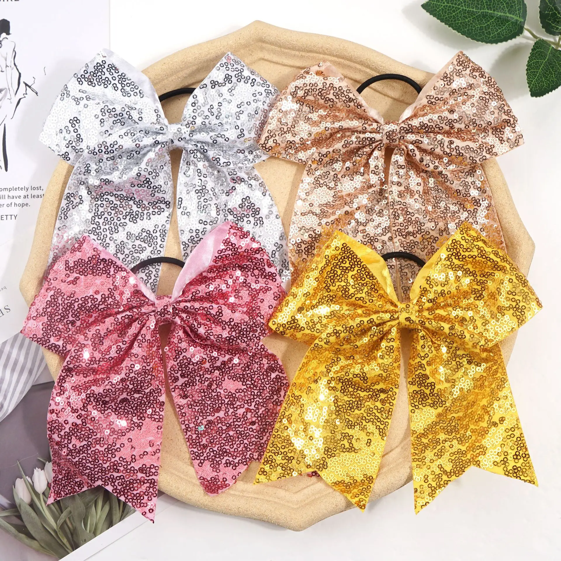 6.5 Inch Large Sequin Bows Baby Girls Classical Pony Tail Knotbow Hair Holder Kids Hair Accessories 12Pcs/Lot