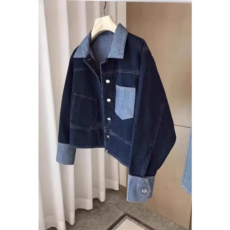 Personality Washing Contrast Lapel Denim Jacket for Women