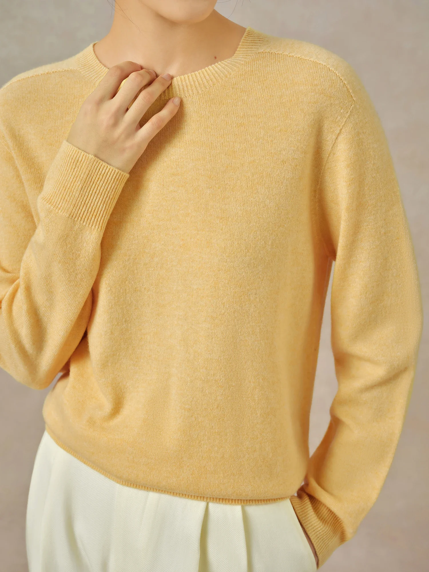 DUSHU【5 Colors】Women Wool Pullover 100% Wool Round Neck Beige Simple Female Winter Long Sleeve Sweater Top 24DS84073+24DS84054